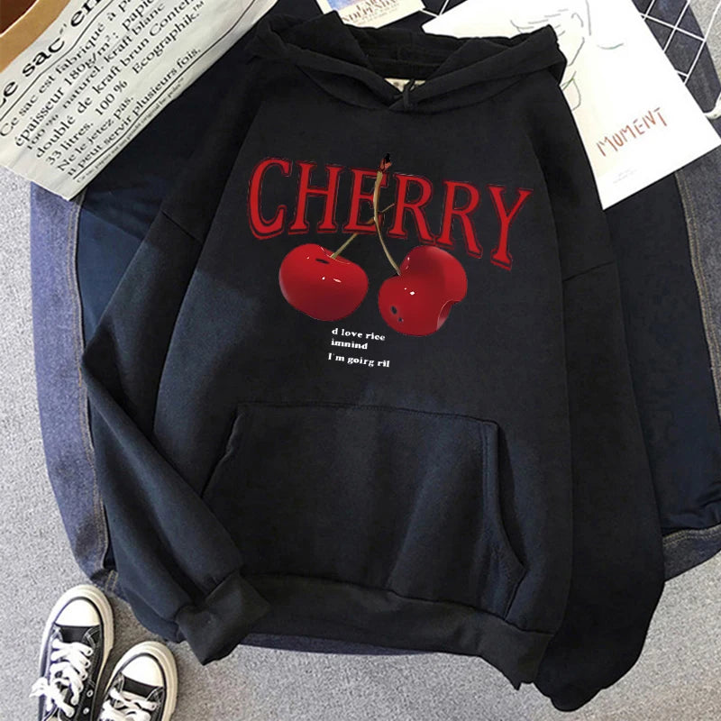 Girls 2000s Cherry Love Long Sleeve Pocket Hoodies Funny Gothic Sweatshirt  Women's Print Casual Hoody Streetwear Y2k Clothes
