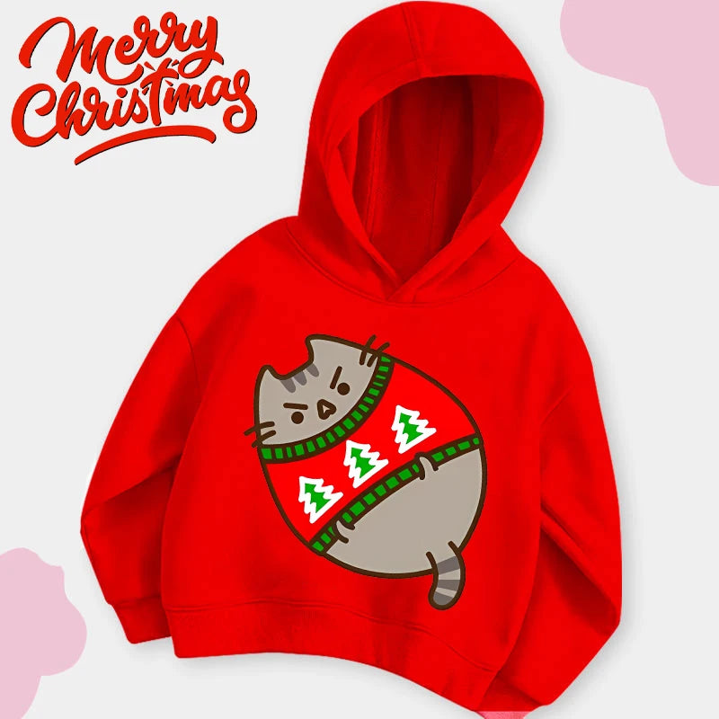 Autumn and winter children's Christmas hoodie sweatshirt cartoon cute cat pullover girls and boys warm clothes Christmas clothin