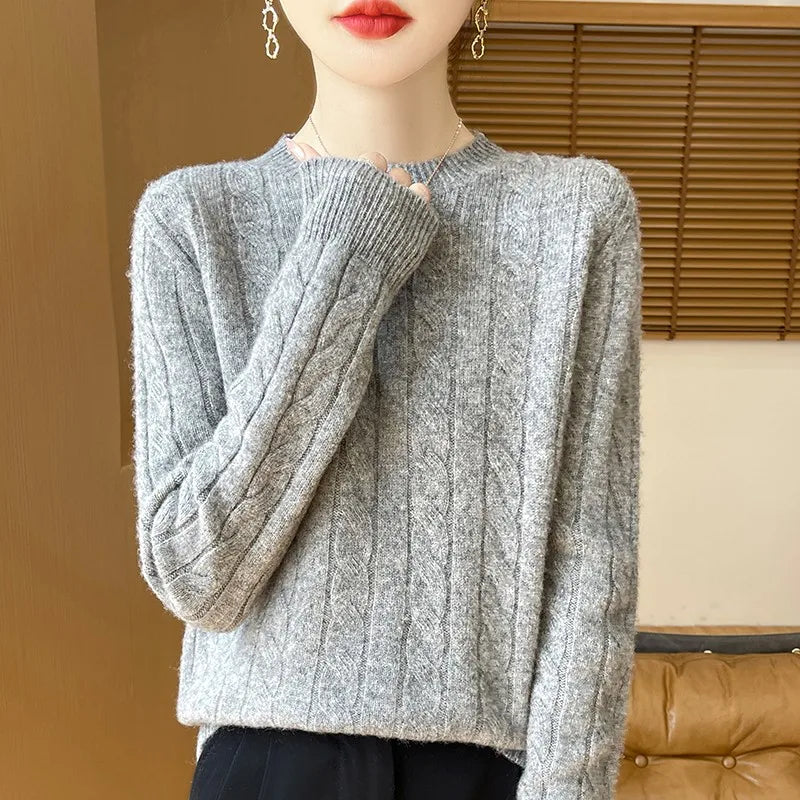 Women's Autumn And Winter 100% Merino Wool Knitted Sweater First-line Ready To Wear Fashion Round Neck Sweater Warm Casual Top