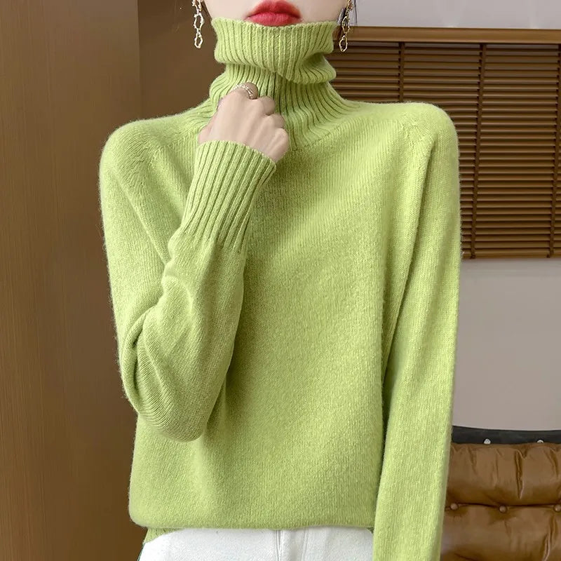 2025 New Autumn/Winter 100% Merino Wool Hoodie Solid Color Long Sleeve High Collar Warm Top Women's 19 Color Sweater WQ708