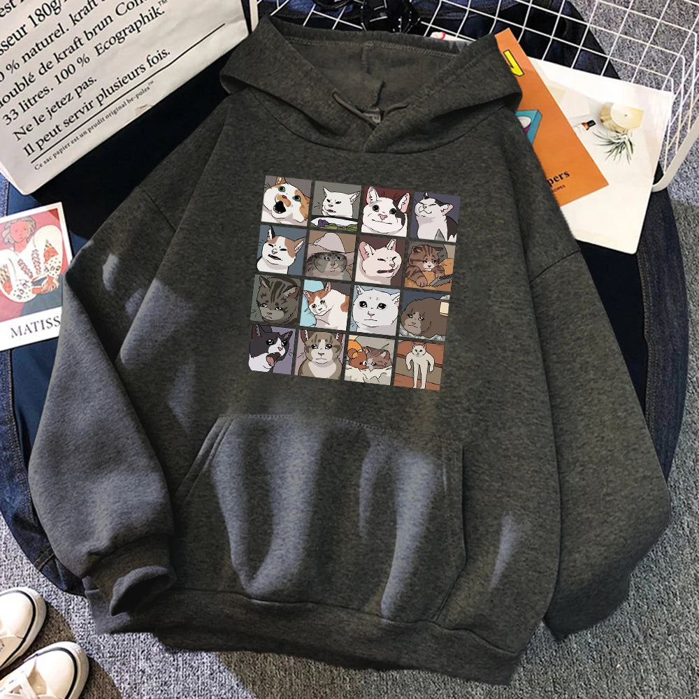 Funny Meme Cats Cartoons Print Women Hoody Hip Hop Crewneck Hoodies Oversized Fleece Pullovers Fashion Casual Womens Sportswear