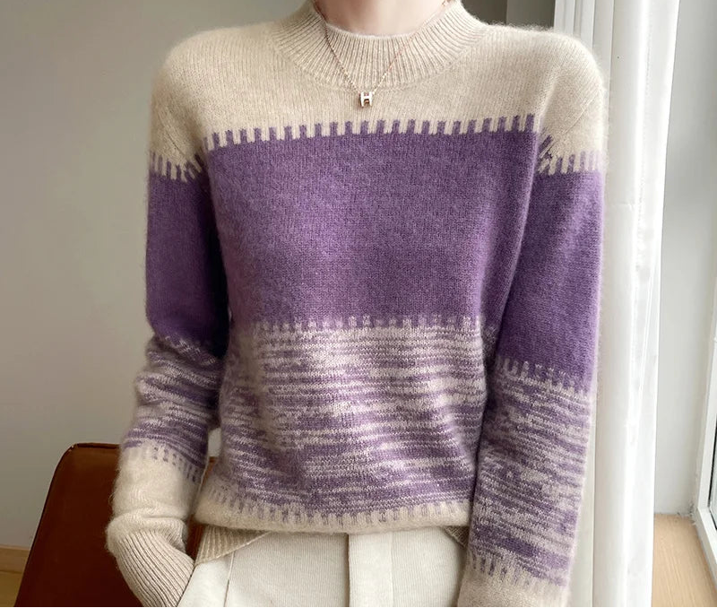 100% Merino Wool Round Neck Color Contrast Striped Jumper Autumn/Winter Thick Warm Long Sleeve Sweater Soft Short Top