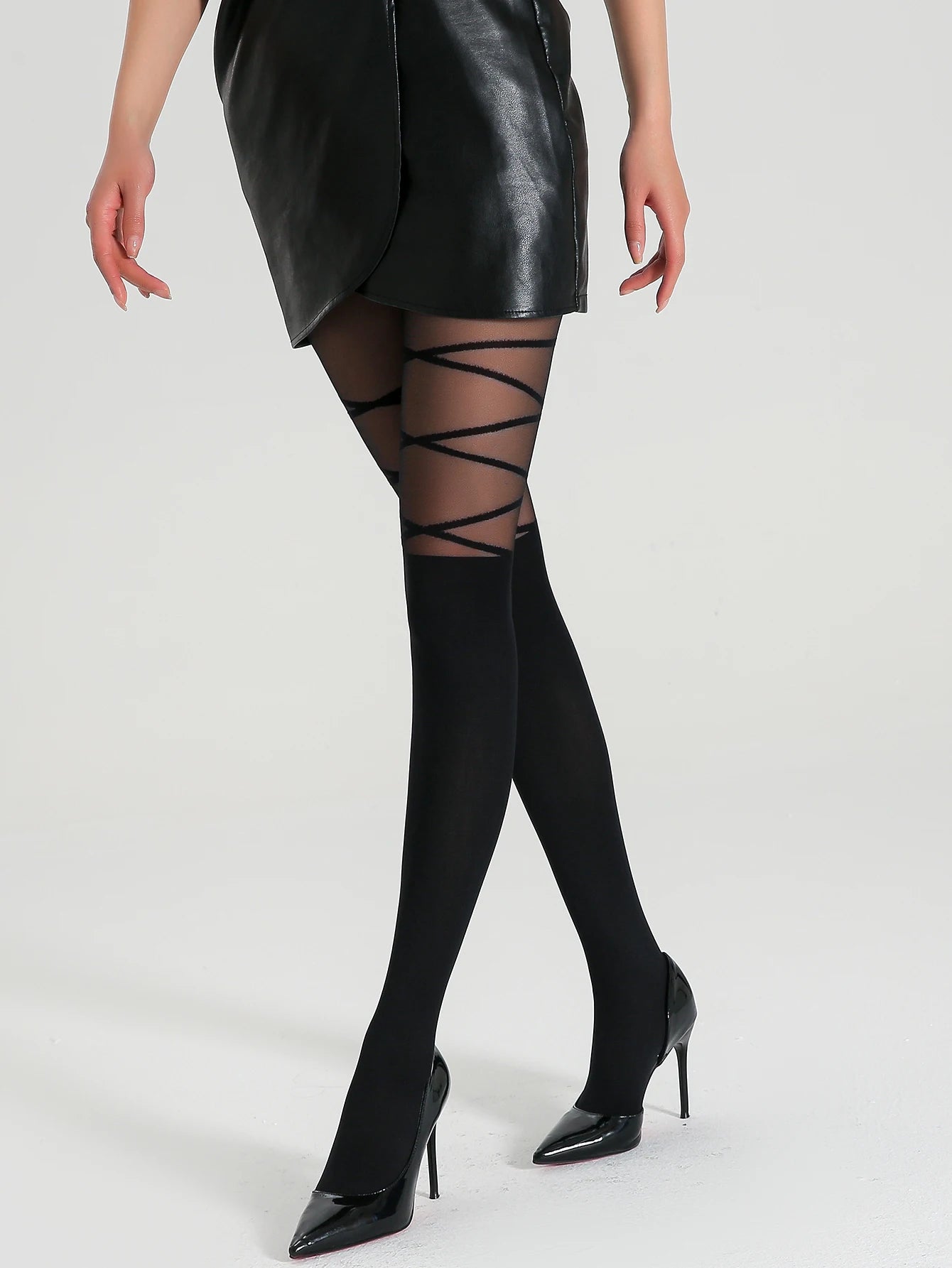 A pair of women's stylish striped pantyhose with thigh-strap high elastic translucent tights