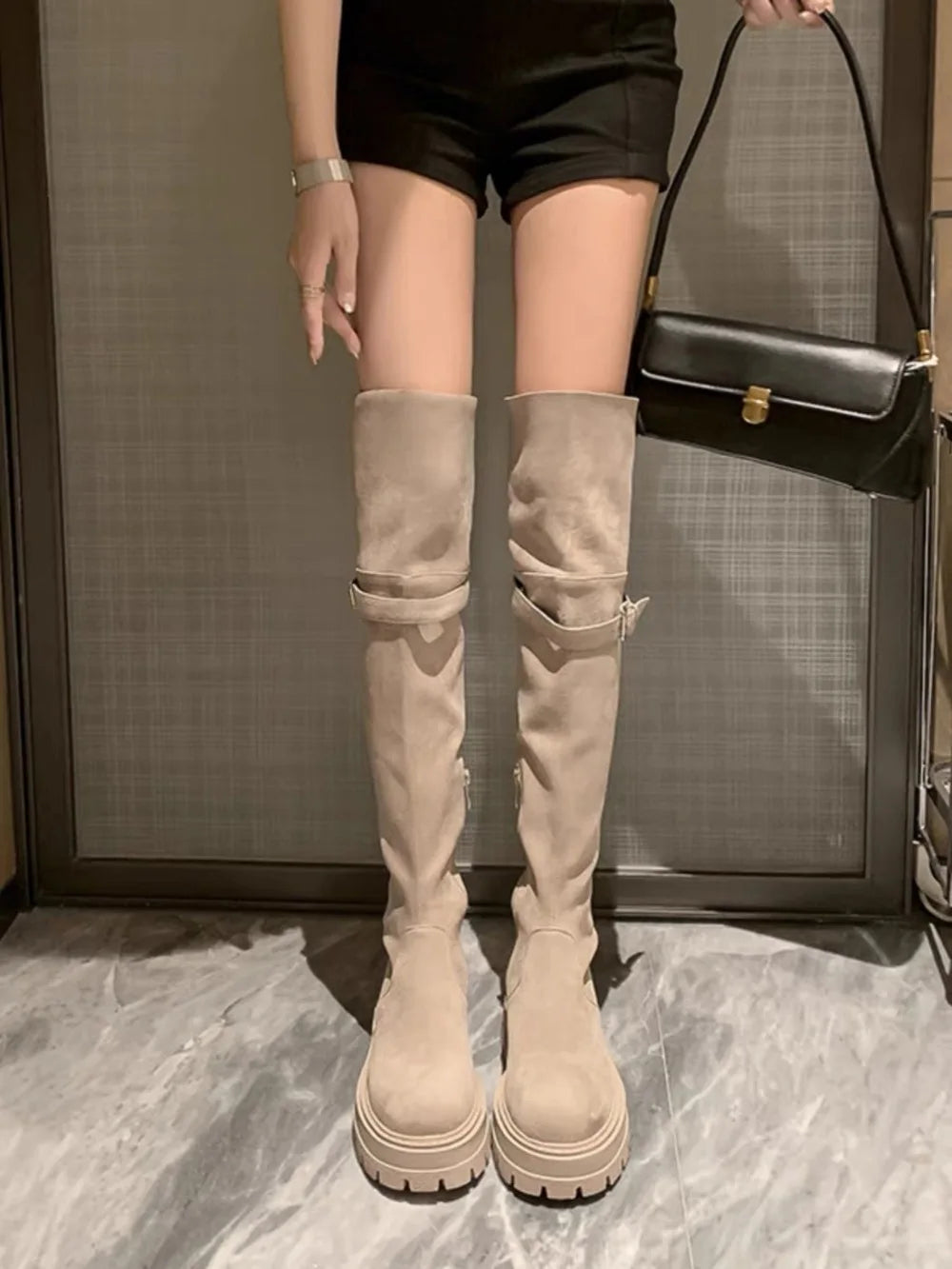 2025 Women's Wide Calf Over The Knee Boots Stretch Riding Boots Flat Foldable Two-Way Wear Suede Long Boots for Thick Thighs