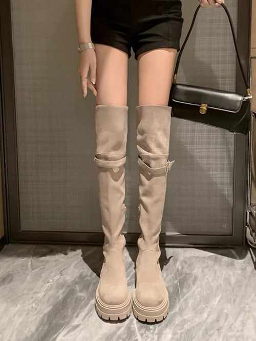 2025 Women's Wide Calf Over The Knee Boots Stretch Riding Boots Flat Foldable Two-Way Wear Suede Long Boots for Thick Thighs