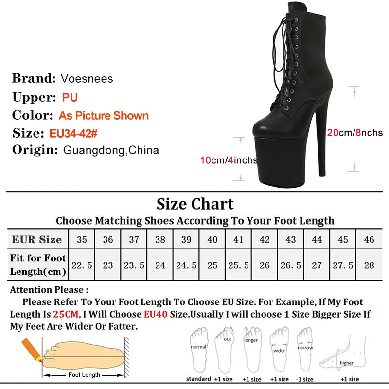 8"Heel 4"Platform Extreme Pole Dance Shoes 15 17 20CM Lace-Up Ankle Boots For Women In Stock Black Mate Fast Shipping Size 35-44