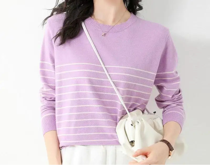 Spring New Loose round Neck Stripe Color Block  Knitted Wool Blend Base Shirt Women's Sweater Casual Comfortable Top