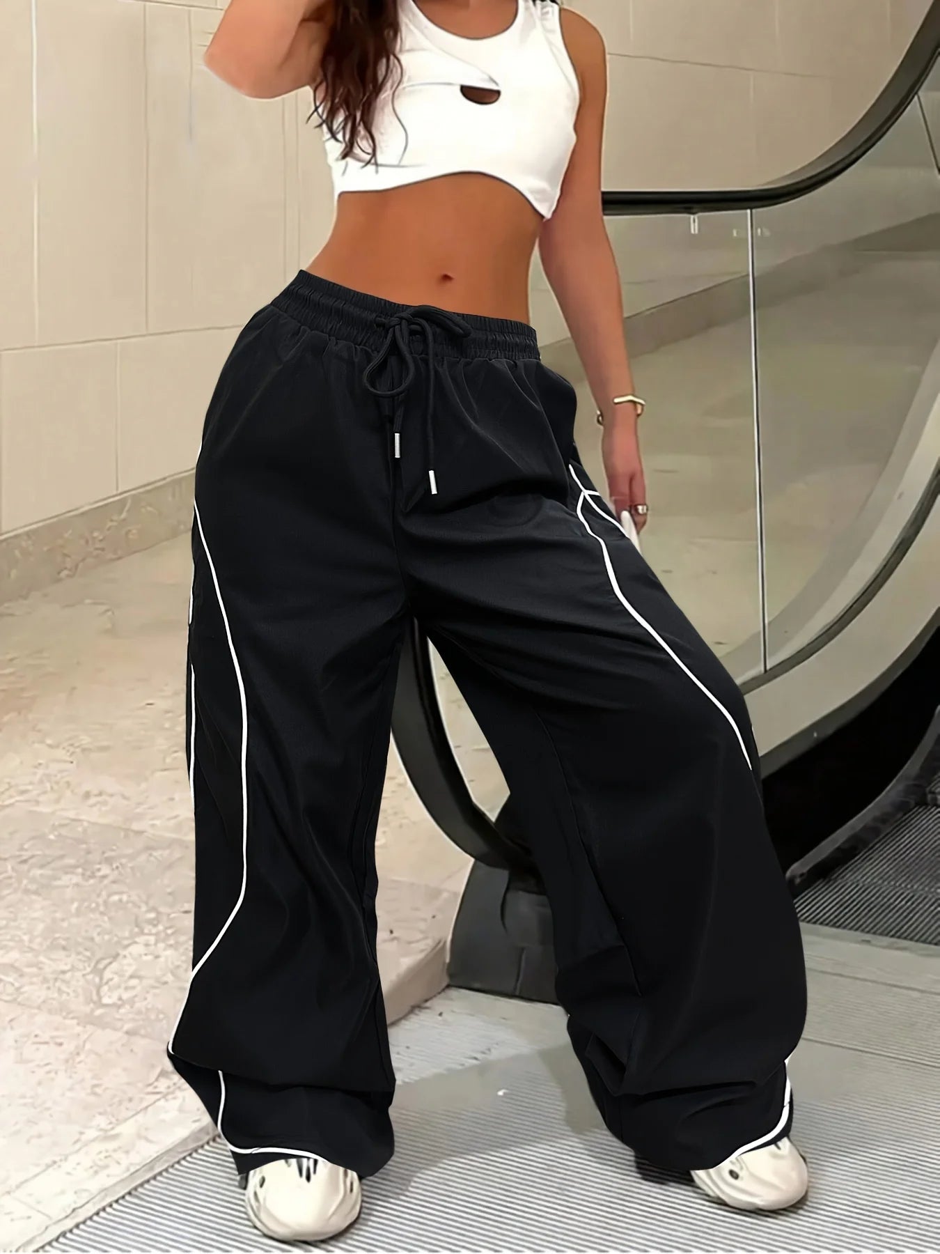 Y2K Casual Striped Contrasting Elastic Waist Workwear Parachute Pants Women's Mid-Rise Drawstring Wide Leg Loose Fit Cargo Pants