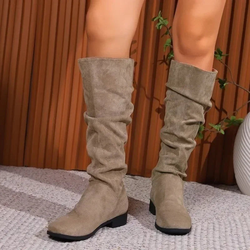 Winter suede women's fashion boots - stylish pleated round-toe long boots - elegant low-heeled plus-size fitted boots for women
