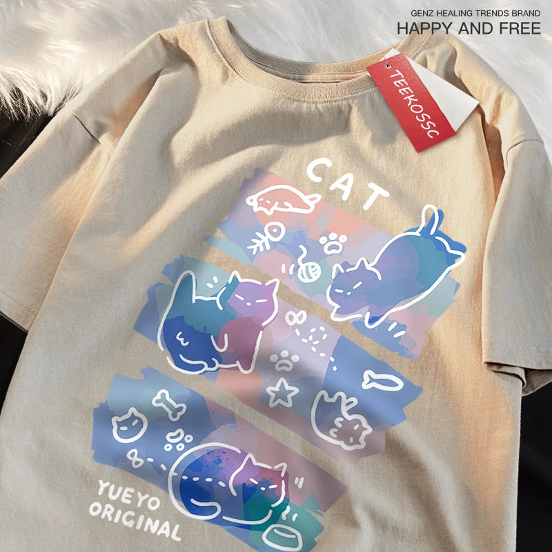 Fun Mischievous Cat Print Japanese Style T-Shirts Men Women Fashion Tshirs Breathable Summer T-Shirts Cotton Loose Tee Clothes