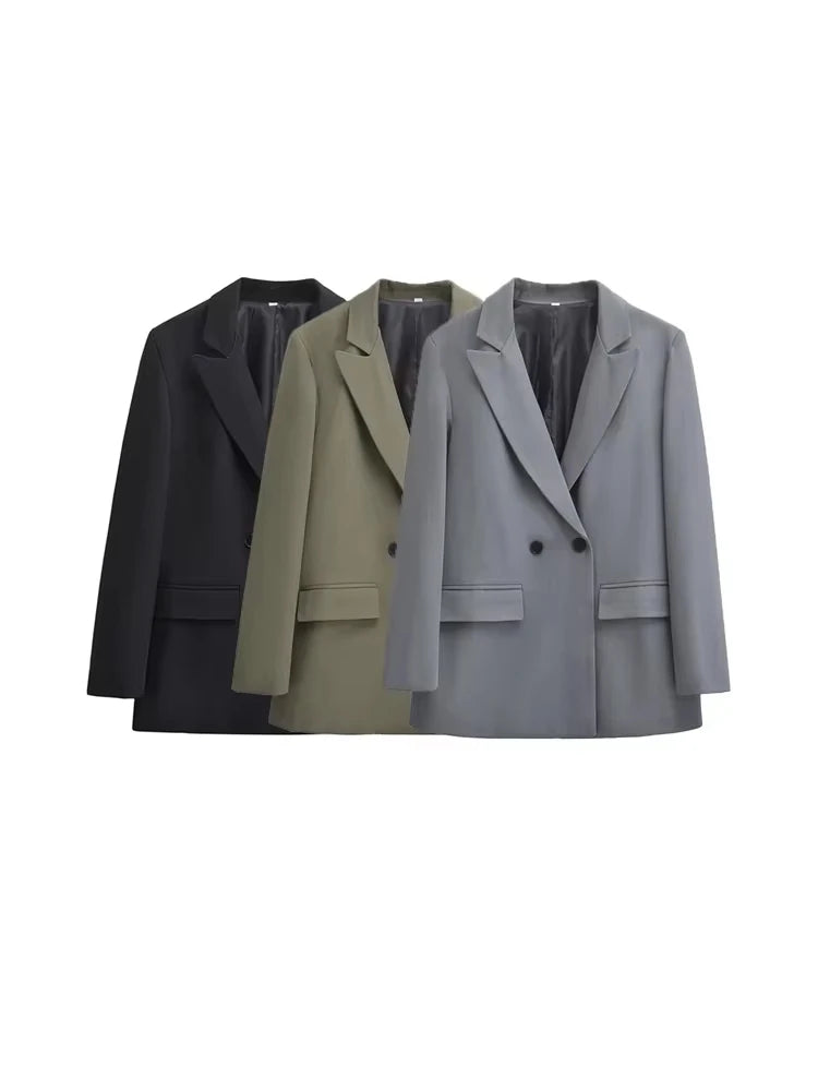Women's Double Breasted Office Wear Blazer Coat, Long Sleeve, Flap Pockets, Female Outerwear, Chic Tops, Fashion