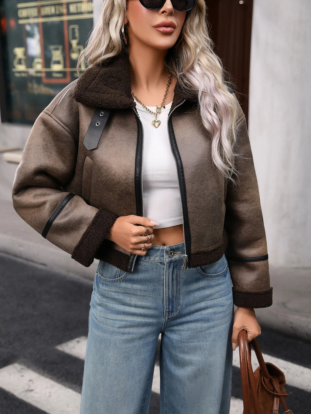 Women's Faux Leather Sherpa Motor Jacket Bomber Aviator Cropped Coat