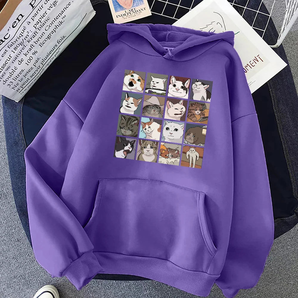 Funny Meme Cats Cartoons Print Women Hoody Hip Hop Crewneck Hoodies Oversized Fleece Pullovers Fashion Casual Womens Sportswear