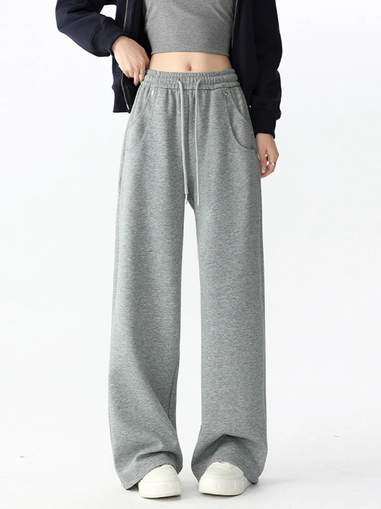 Women's High-Waisted Wide-Leg Sweatpants Spring Autumn Casual Loose Pants with Two Pockets Daily Versatile