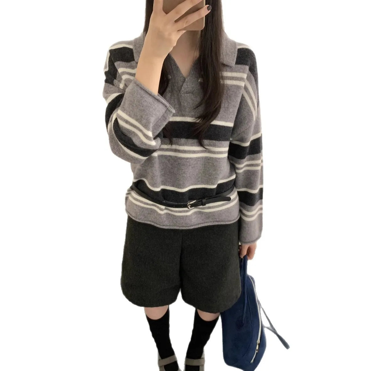 High-Quality Cashmere Knitted Sweater Comfortable Soft Woolen Striped Collared Korean Style Long Sleeve Mid-Thick Adult Women...