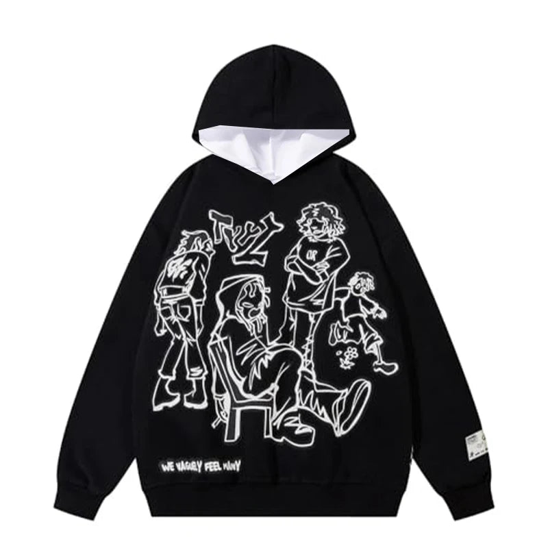 Autumn and winter new American retro print black hoodie fashion sweatshirt pullover youth adult trendy street hooded sweatshirt