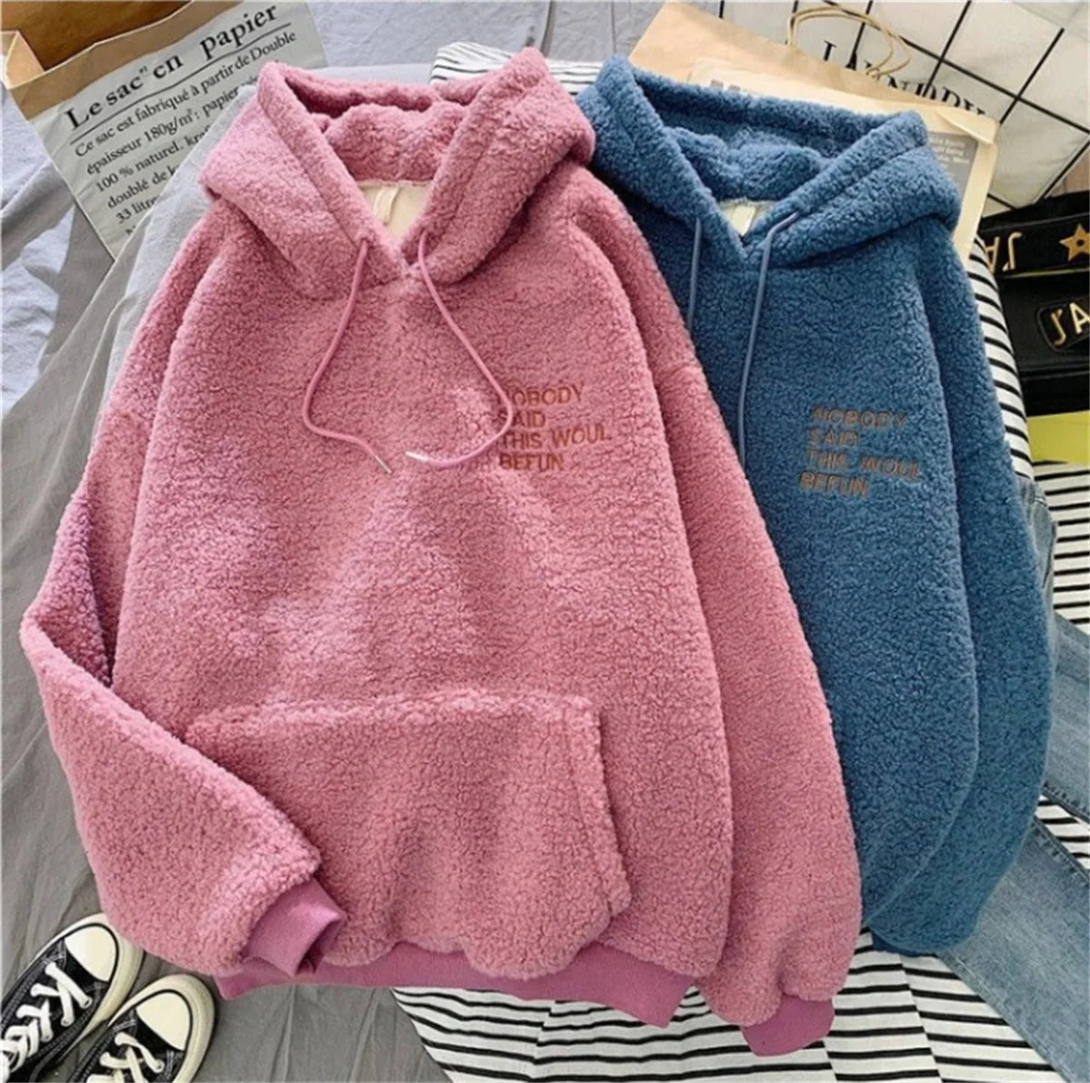 Autumn Winter Fashion Hooded Sweatshirt Women Korean Loose Solid Letter Tops Long Sleeve Warm Outfit Hoodie Lady Casual Street