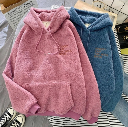 Autumn Winter Fashion Hooded Sweatshirt Women Korean Loose Solid Letter Tops Long Sleeve Warm Outfit Hoodie Lady Casual Street