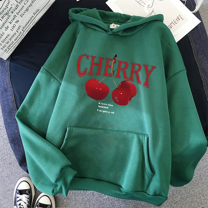 Girls 2000s Cherry Love Long Sleeve Pocket Hoodies Funny Gothic Sweatshirt  Women's Print Casual Hoody Streetwear Y2k Clothes
