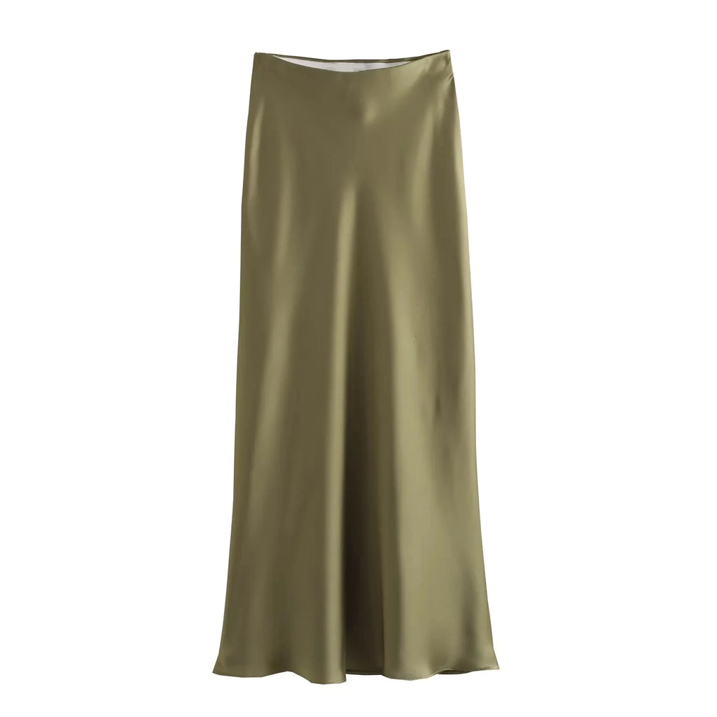 KONDALA Vintage Satin Solid Long Skirts Women High Waist Elastic Silky Skirts Fashion 2025 Spring Elegant Straight Skirts