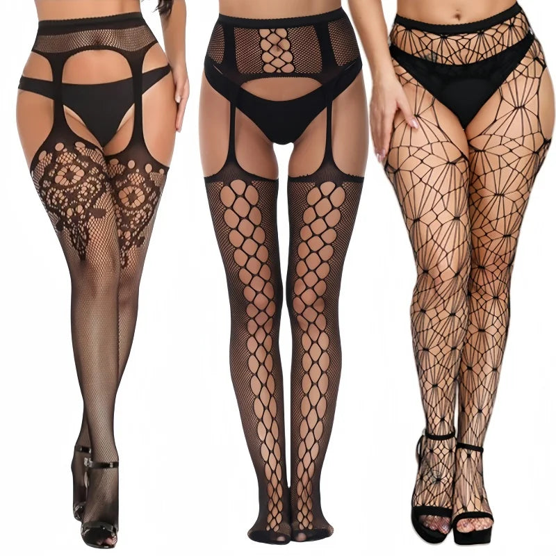 3 Pcs Pantyhose Fishnet Sexy Thigh-High Stockings Suspender Stockings for Women Garter Belt Stockings Hollow Out Pattern Tights