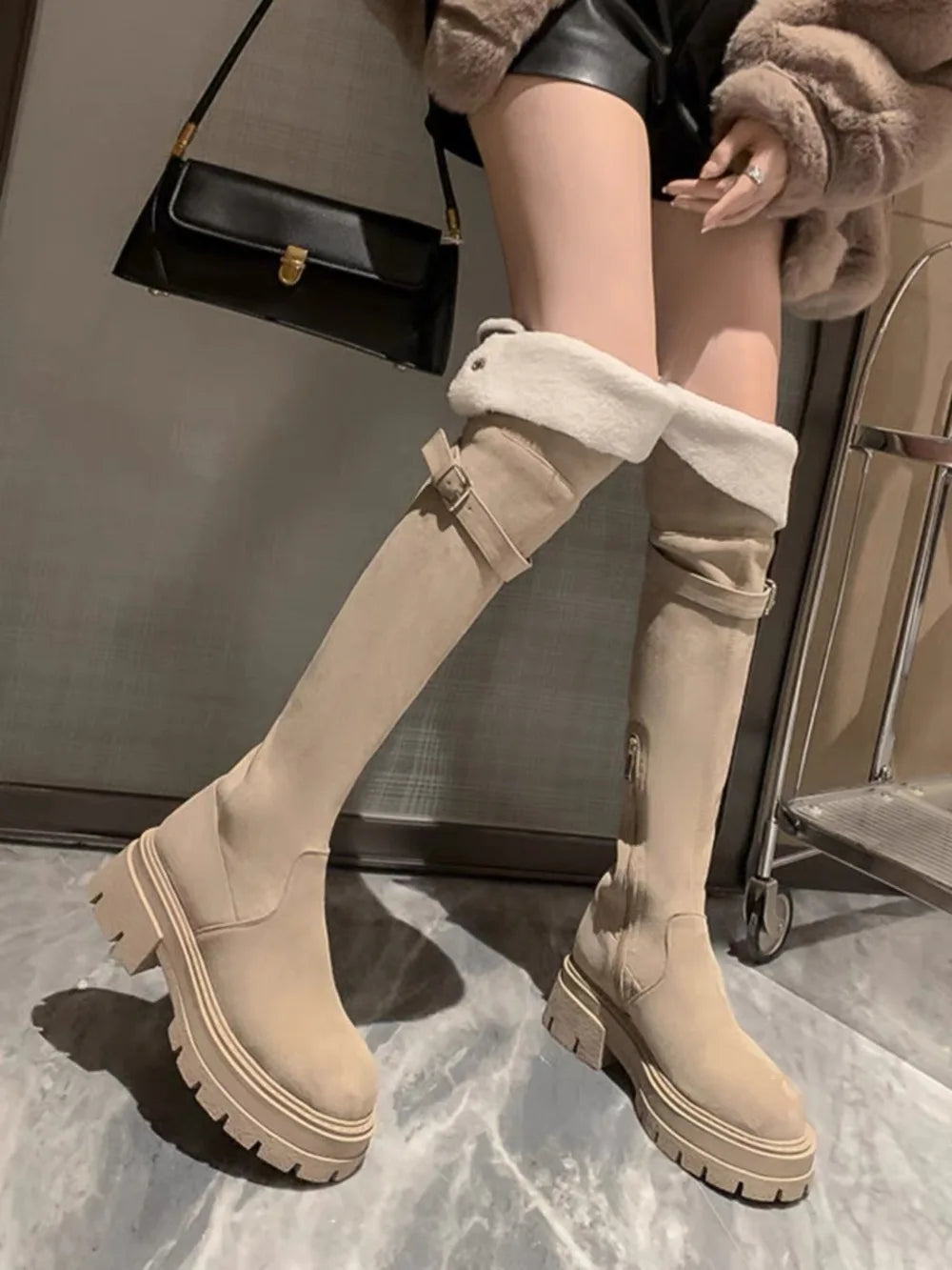2025 Women's Wide Calf Over The Knee Boots Stretch Riding Boots Flat Foldable Two-Way Wear Suede Long Boots for Thick Thighs