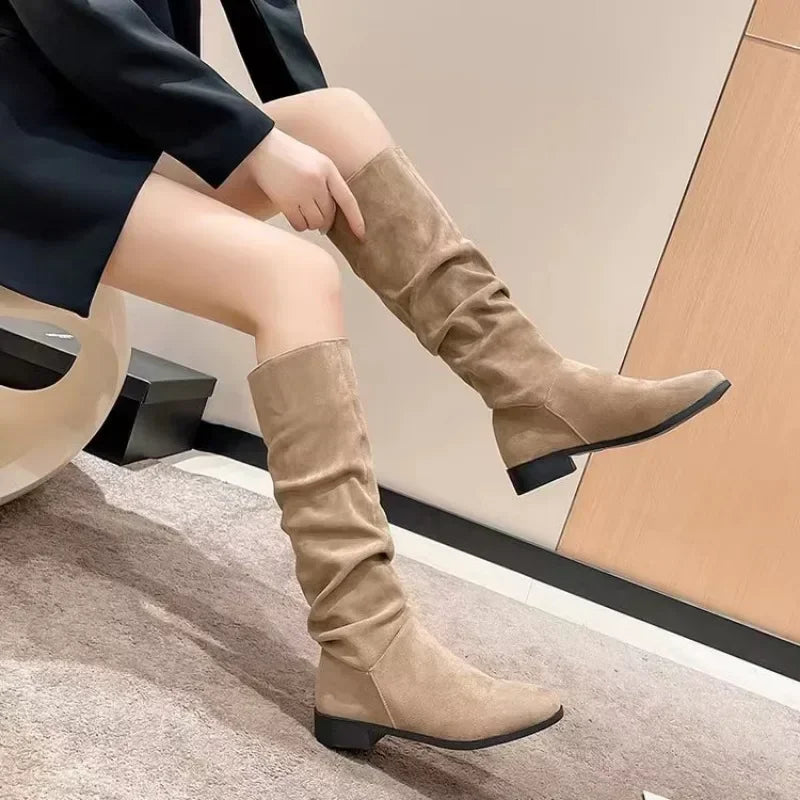 Winter suede women's fashion boots - stylish pleated round-toe long boots - elegant low-heeled plus-size fitted boots for women