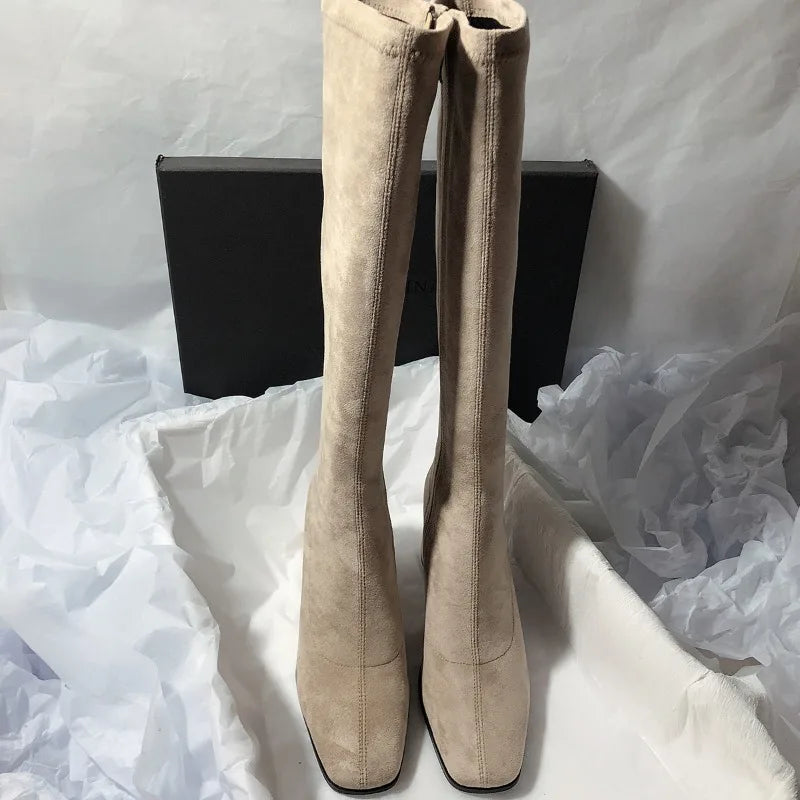 New Women's Fashion Suede Casual High Boots 2025 Brand Designer Women's Boots High Quality Thick Heel Mid-calf Boots Plus Size
