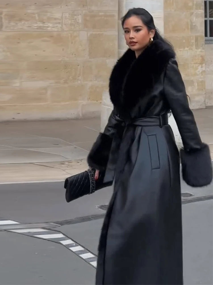 Lace up Patchwork Fur Long Jacket Woman Solid Color Long Sleeves Straight Coat Luxurious Elegant Women's New Warm Winter Jackets