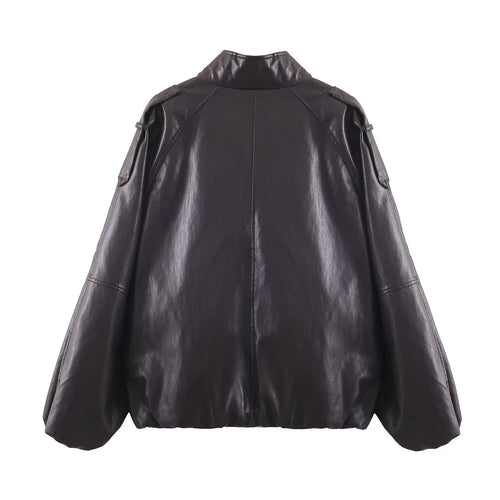 2025 Winter New Women's Casual Fashion Simple Loose Comfortable Stand Collar Long Sleeve Faux Leather Jacket