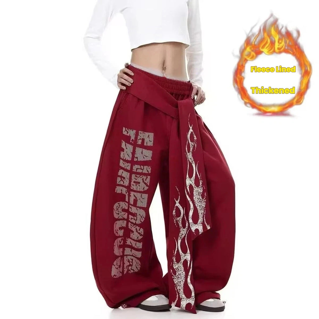 American-style straight-leg sweatpants with velvet, fashionable design, letter mopping pants, high-waist drapey wide-leg pants