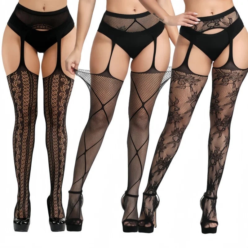 3 Pcs Pantyhose Fishnet Sexy Thigh-High Stockings Suspender Stockings for Women Garter Belt Stockings Hollow Out Pattern Tights