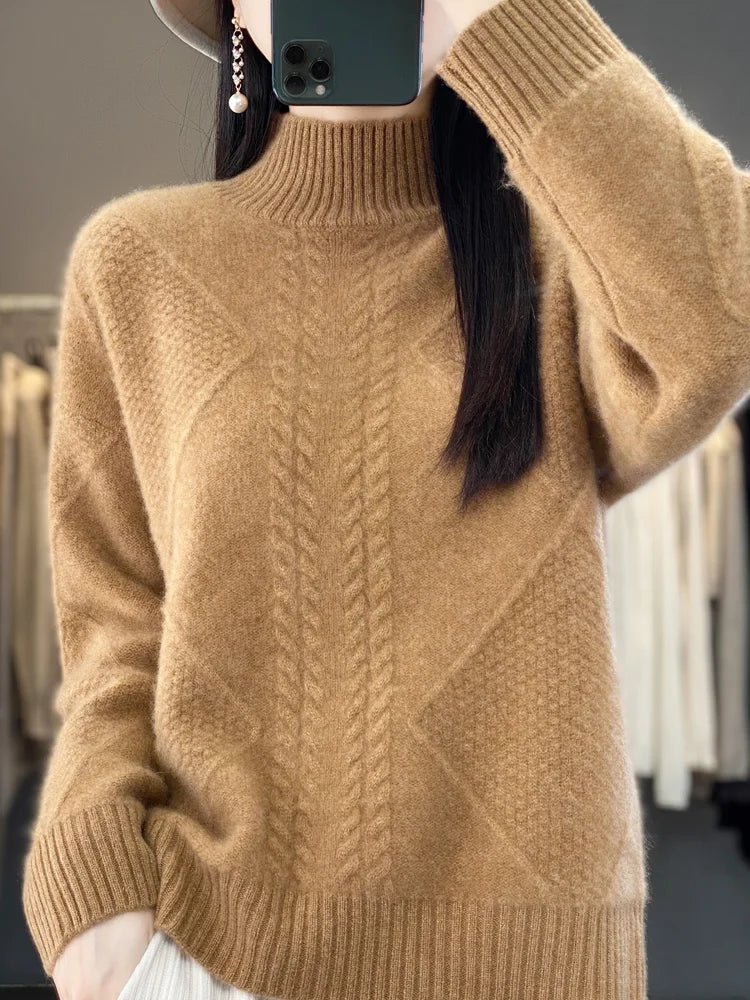Autumn Winter Women 100% Merino Wool Sweater Striped Twisted Knitted Pullover Casual Loose Long Sleeve Cashmere Clothing Tops