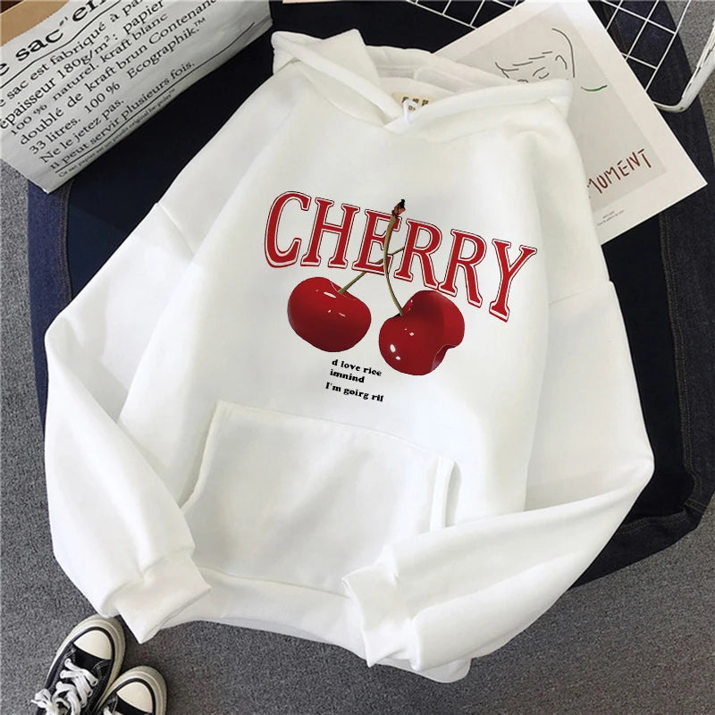 Girls 2000s Cherry Love Long Sleeve Pocket Hoodies Funny Gothic Sweatshirt  Women's Print Casual Hoody Streetwear Y2k Clothes