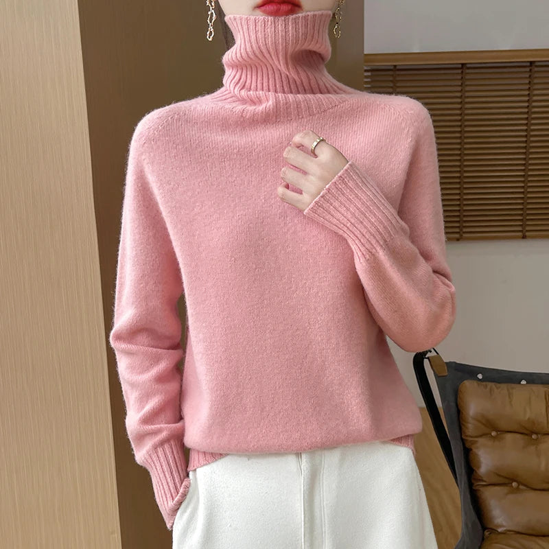 2025 New Autumn/Winter 100% Merino Wool Hoodie Solid Color Long Sleeve High Collar Warm Top Women's 19 Color Sweater WQ708