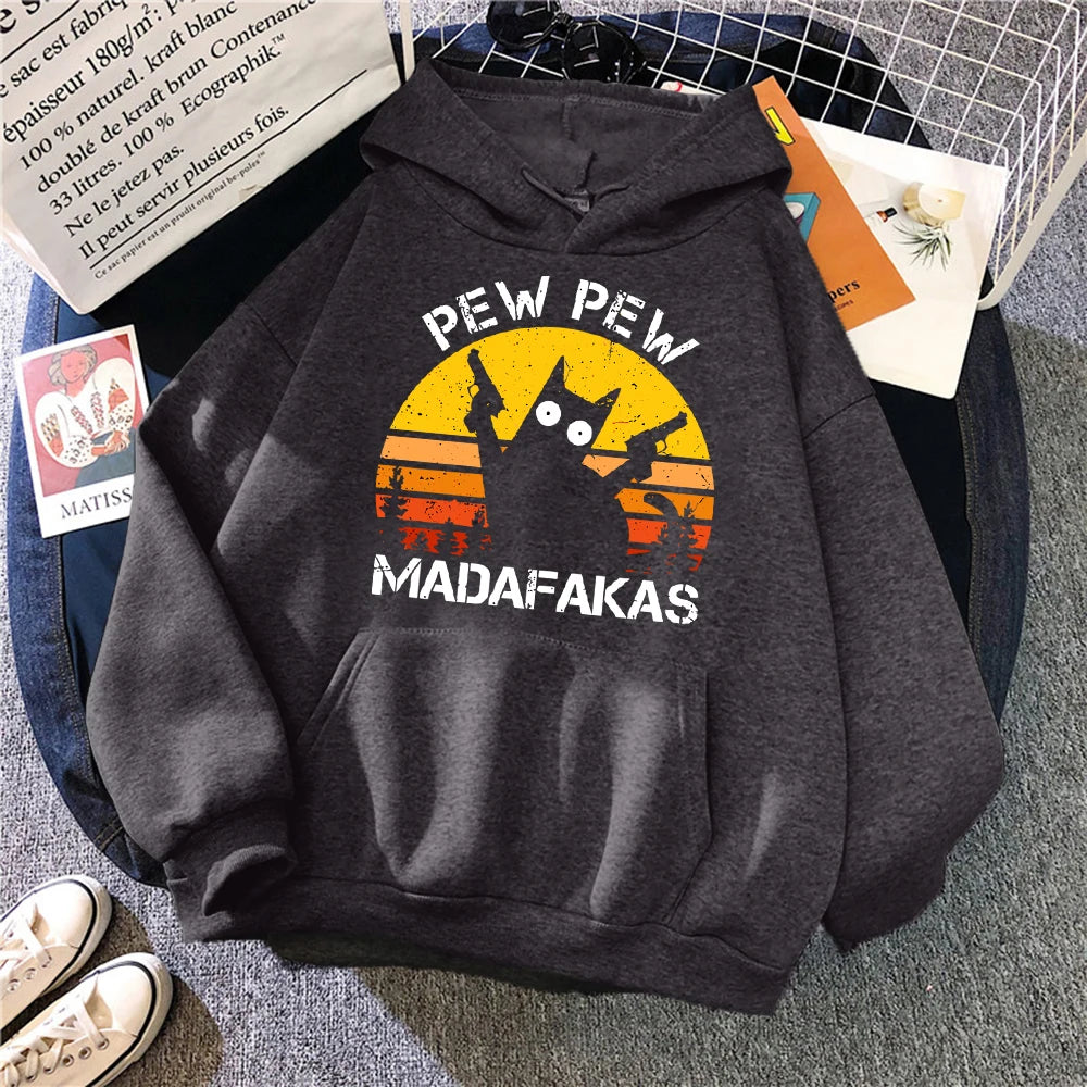 Pew Pew Madafakas Cat With Two Guns Hoodies Women Casual Fashion All Match Hoody Fleece Warm New Pullovers Harajuku Trend Hooded