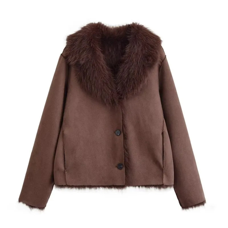 Double Sided Jacket for Women WinterTurn-down Collar Single Breasted Casual Jackets Artificial Fur And Suede Effect Female Coats