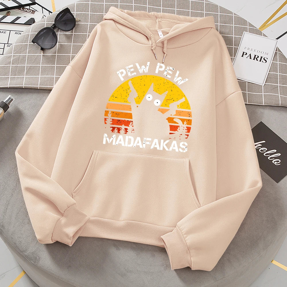 Pew Pew Madafakas Cat With Two Guns Hoodies Women Casual Fashion All Match Hoody Fleece Warm New Pullovers Harajuku Trend Hooded