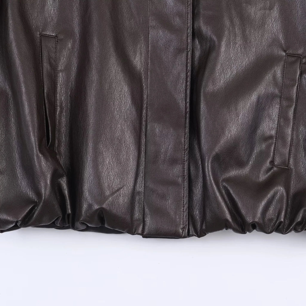 2025 Winter New Women's Casual Fashion Simple Loose Comfortable Stand Collar Long Sleeve Faux Leather Jacket