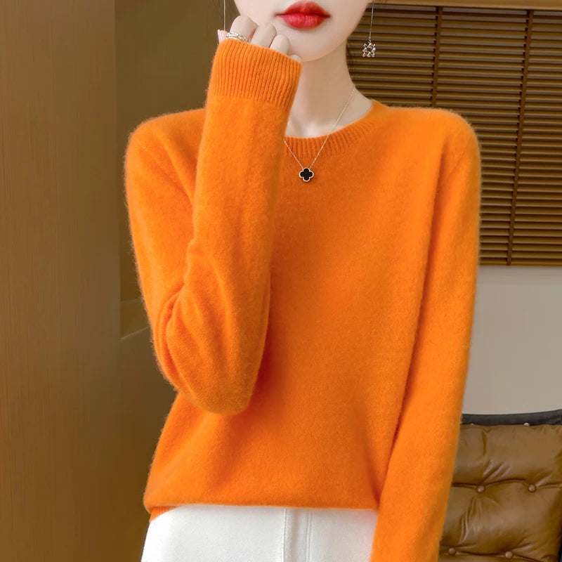 Autumn Winter Women 100% Merino Wool Sweater O-Neck Cashmere Pullover Basic Fashion Clothing Comfort Warm Top Casual Solid
