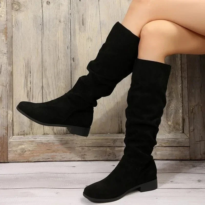 Winter suede women's fashion boots - stylish pleated round-toe long boots - elegant low-heeled plus-size fitted boots for women