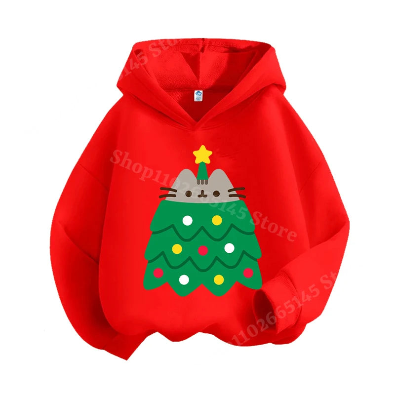 Autumn and winter children's Christmas hoodie sweatshirt cartoon cute cat pullover girls and boys warm clothes Christmas clothin
