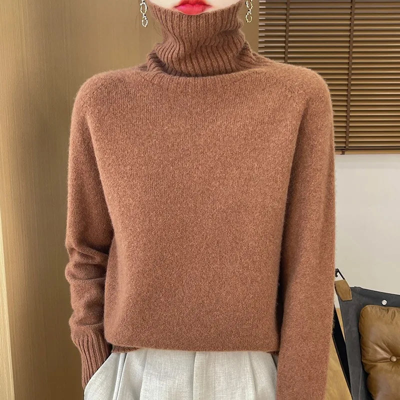 2025 New Autumn/Winter 100% Merino Wool Hoodie Solid Color Long Sleeve High Collar Warm Top Women's 19 Color Sweater WQ708