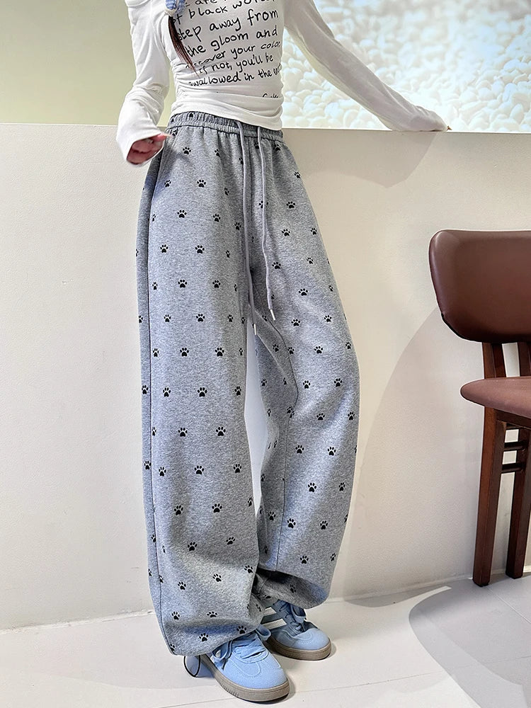 Autumn Winter Casual Sports Sweatpants - Women's High Waisted Wide Leg Drawstring Loose Straight Leg Pants