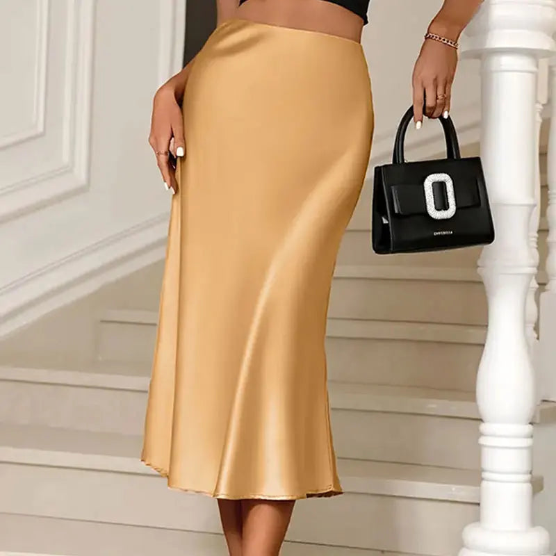 Women Fashion Satin Solid Pleated Midi Skirt Vintage Mid Elastic Waist Female Chic Lady Skirts Korean Pencil Skirt Silk like