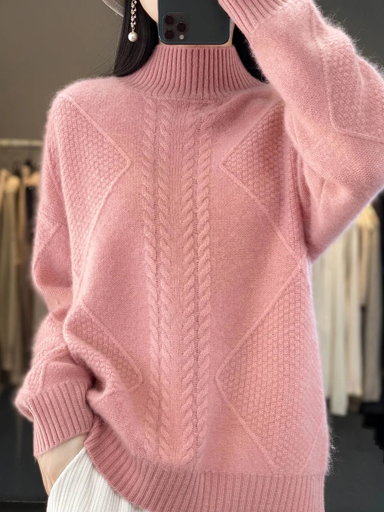 Autumn Winter Women 100% Merino Wool Sweater Striped Twisted Knitted Pullover Casual Loose Long Sleeve Cashmere Clothing Tops