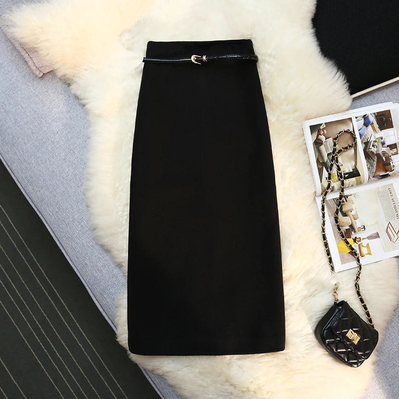 Seoulish 2024 New Autumn Winter Wrapped Woolen Midi Skirts for Women Fashion High Waist Solid Color Office Lady Straight Skirts