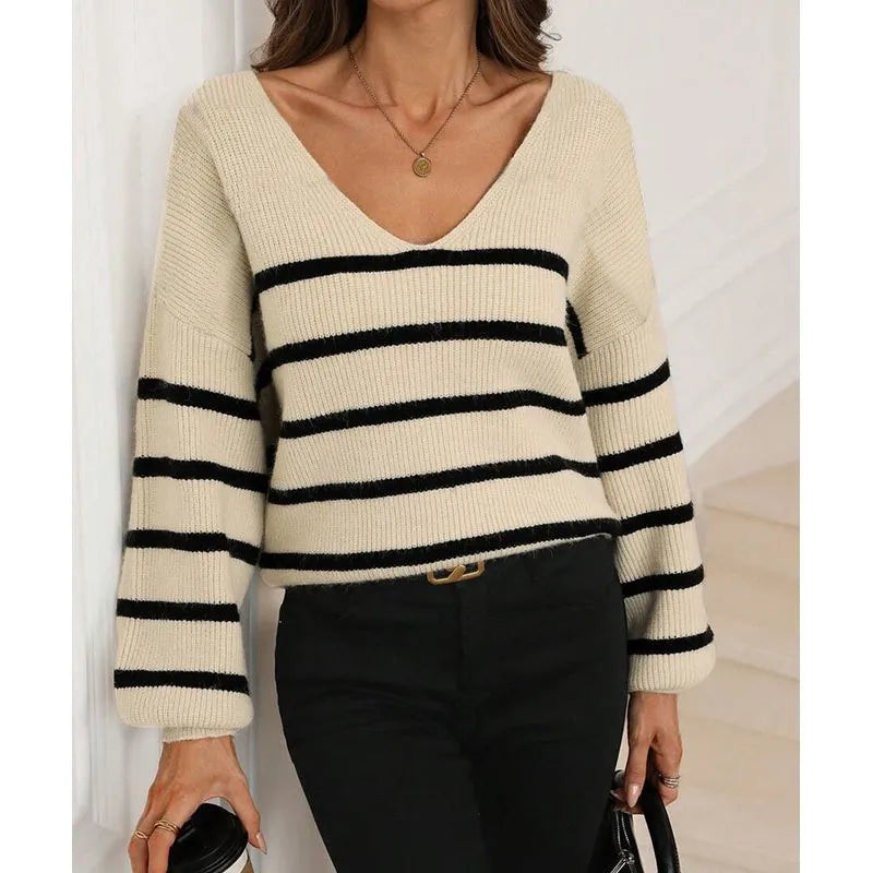Spring Autumn Loose Women's Knitted Sweater Fashion Stripes And Bow Tie Knitwear V-Neck Long Sleeve Top