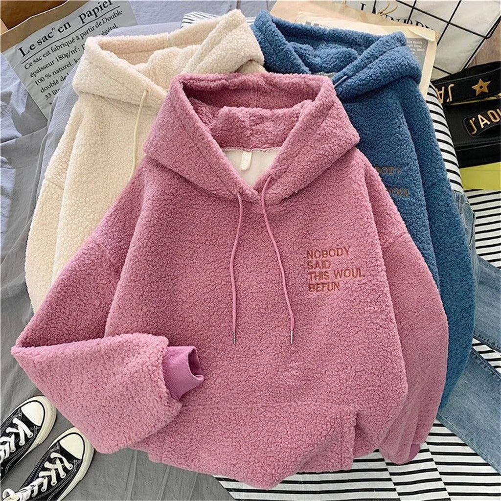 Autumn Winter Fashion Hooded Sweatshirt Women Korean Loose Solid Letter Tops Long Sleeve Warm Outfit Hoodie Lady Casual Street