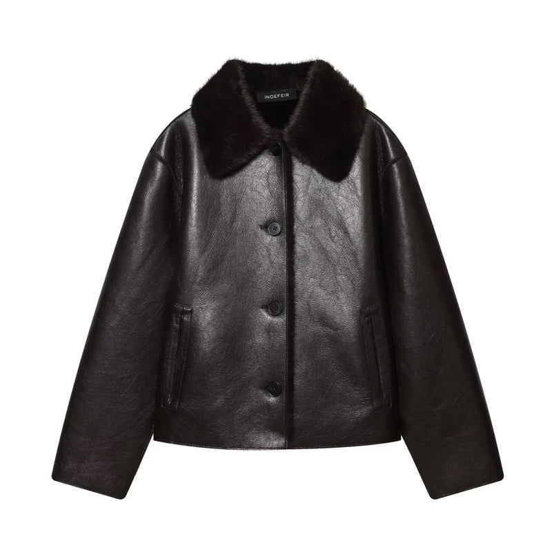  INQFEIR Faux Leather Jacket for Women, Fuzzy Collar Button Down Short Coat, Vintage Style Outerwear for Fall Winter
